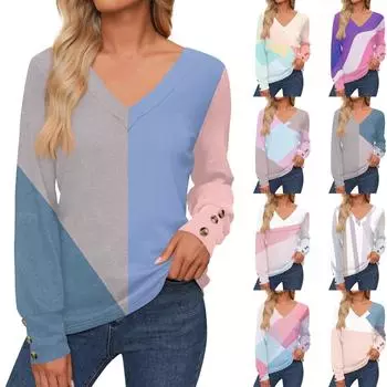 Женская повседневная модная рубашка с длинными рукавами и манжетами на пуговицах, свободная футболка с V-образным вырезом, осенняя одежда XXL тёмно-синий