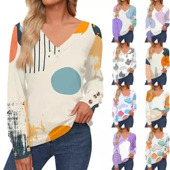 Женская повседневная модная рубашка с длинными рукавами и манжетами на пуговицах, свободная футболка с V-образным вырезом, осенняя одежда L