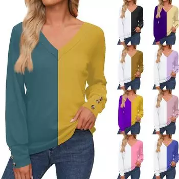 Женская повседневная модная рубашка с длинными рукавами и манжетами на пуговицах, свободная футболка с V-образным вырезом, осенняя одежда L тёмно-синий