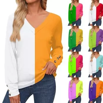 Женская повседневная модная рубашка с длинными рукавами и манжетами на пуговицах, свободная футболка с V-образным вырезом, осенняя одежда XXL