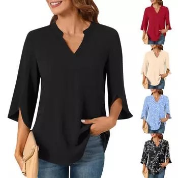 Женская повседневная модная рубашка с рукавом 3/4, летняя свободная футболка с v-образным вырезом L бежевый