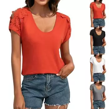 Женская повседневная модная сексуальная футболка с U-образным вырезом и короткими рукавами L чёрный