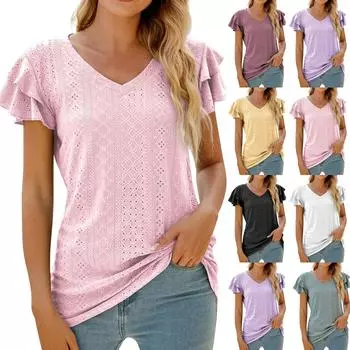 Женская повседневная модная сексуальная футболка с v-образным вырезом и рюшами L чёрный