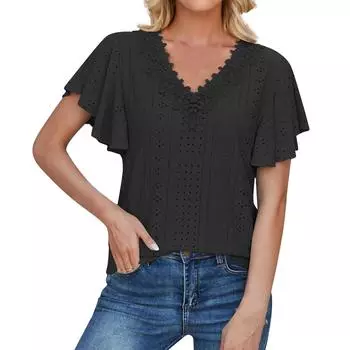 Женская повседневная модная сексуальная кружевная однотонная футболка с v-образным вырезом и рюшами на рукавах L чёрный
