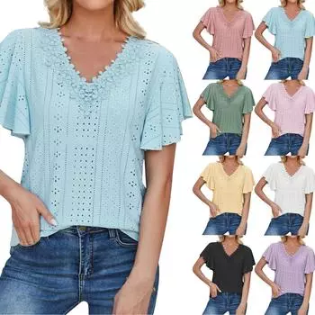 Женская повседневная модная сексуальная кружевная однотонная футболка с v-образным вырезом и рюшами на рукавах