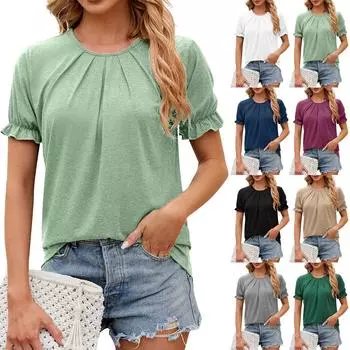 Женская повседневная модная сексуальная плиссированная футболка с круглым вырезом и пышными рукавами L чёрный