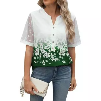 Женская повседневная модная сексуальная удобная цветочная свободная футболка с V-образным вырезом и коротким рукавом L армия зеленый