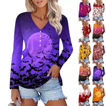Женская повседневная модная сексуальная удобная футболка с длинным рукавом и V-образным вырезом на пуговицах на Хэллоуин L чёрный