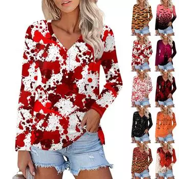 Женская повседневная модная сексуальная удобная футболка с длинным рукавом и V-образным вырезом на пуговицах на Хэллоуин XXXL