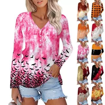 Женская повседневная модная сексуальная удобная футболка с длинным рукавом и V-образным вырезом на пуговицах на Хэллоуин L