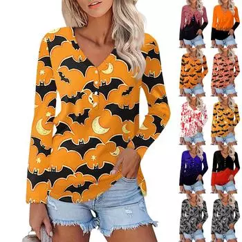 Женская повседневная модная сексуальная удобная футболка с длинным рукавом и V-образным вырезом на пуговицах на Хэллоуин XL