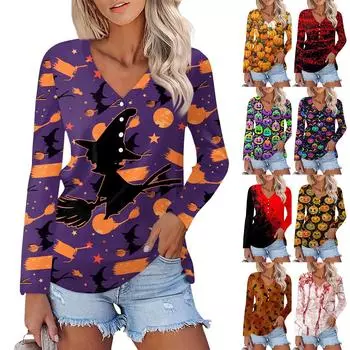 Женская повседневная модная сексуальная удобная футболка с длинным рукавом и V-образным вырезом на пуговицах на Хэллоуин XXL красный