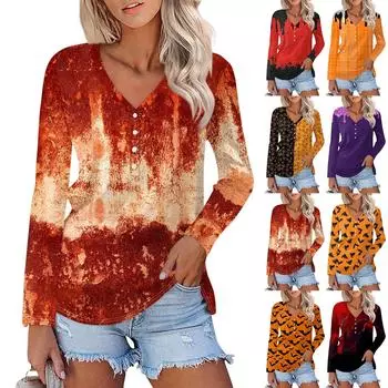 Женская повседневная модная сексуальная удобная футболка с длинным рукавом и V-образным вырезом на пуговицах на Хэллоуин XXL оранжевый