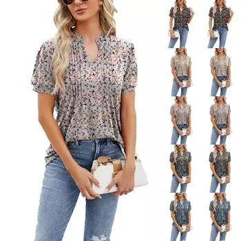 Женская повседневная модная сексуальная удобная футболка с цветочным принтом и V-образным вырезом, короткий рукав L чёрный
