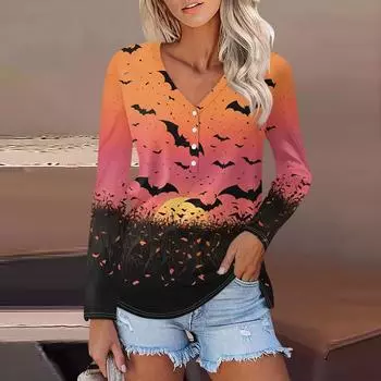 Женская повседневная модная сексуальная удобная футболка с длинным рукавом и V-образным вырезом на пуговицах на Хэллоуин S чёрный