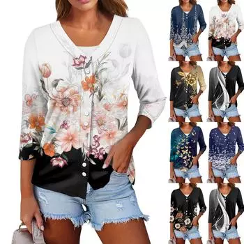 Женская повседневная модная сексуальная удобная крутая дышащая пуговица с цветочным принтом и v-образным вырезом три четверти с короткими рукавами S чёрный