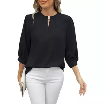 Женская повседневная модная сексуальная удобная однотонная свободная футболка с круглым вырезом и рукавом три четверти L чёрный