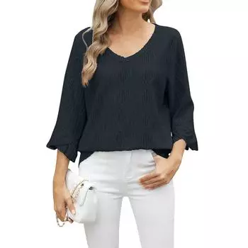 Женская повседневная модная сексуальная удобная однотонная свободная футболка с V-образным вырезом и короткими рукавами три четверти L чёрный