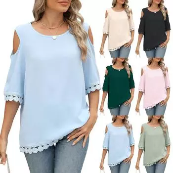 Женская повседневная модная сексуальная удобная однотонная свободная футболка с круглым вырезом и рукавом три четверти L бежевый