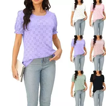 Женская повседневная модная сексуальная удобная однотонная свободная футболка с круглым вырезом и коротким рукавом L чёрный