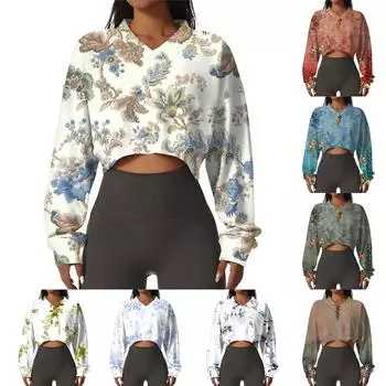 Женская повседневная модная сексуальная удобная спортивная толстовка с V-образным вырезом и длинным рукавом с цветочным принтом L циан