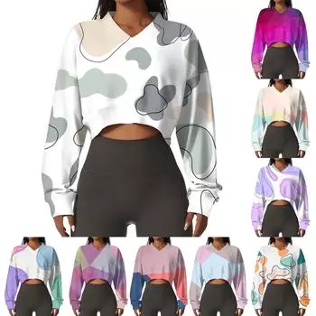 Женская повседневная модная сексуальная удобная спортивная толстовка с V-образным вырезом и длинным рукавом с геометрическим принтом L темно-фиолетового