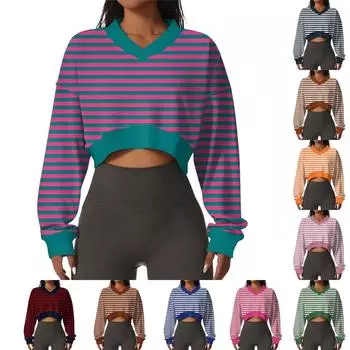 Женская повседневная модная сексуальная удобная спортивная толстовка с V-образным вырезом и длинным рукавом в полоску с графическим принтом L