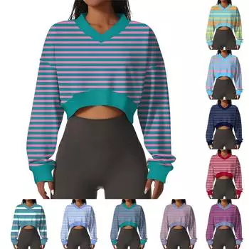 Женская повседневная модная сексуальная удобная спортивная толстовка с V-образным вырезом и длинным рукавом в полоску с графическим принтом M