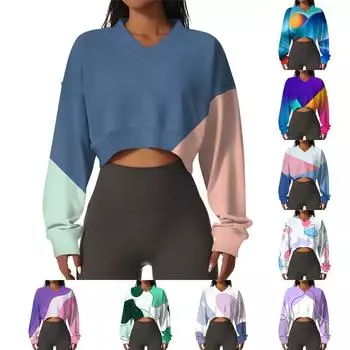 Женская повседневная модная сексуальная удобная спортивная толстовка с V-образным вырезом и длинным рукавом с геометрическим принтом S