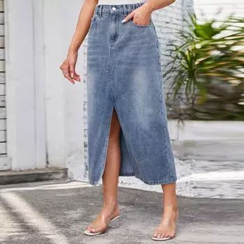 Женская повседневная модная свободная джинсовая юбка средней длины с разрезом S