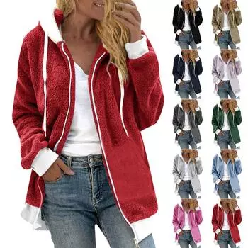 Женская повседневная модная свободная плюшевая куртка на молнии с капюшоном и цветными блоками XL