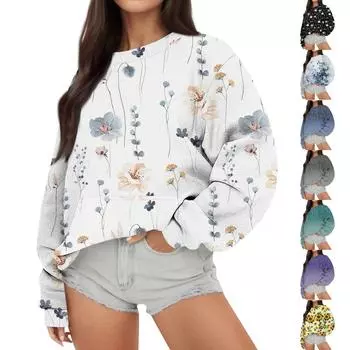 Женская повседневная модная Свободная толстовка с длинным рукавом и круглым вырезом с принтом XL