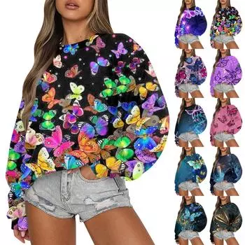 Женская повседневная модная Свободная толстовка с длинным рукавом и круглым вырезом с принтом L синий