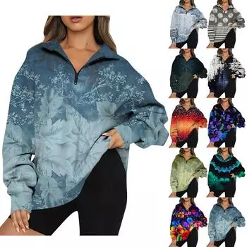 Женская повседневная модная толстовка на молнии с длинным рукавом и цветочным принтом, топ на молнии XXXL