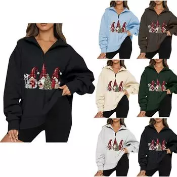 Женская повседневная модная толстовка на молнии с длинным рукавом с рождественским принтом и лацканами XXL чёрный