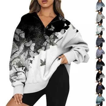 Женская повседневная модная толстовка на молнии с длинным рукавом и цветочным принтом, топ на молнии S