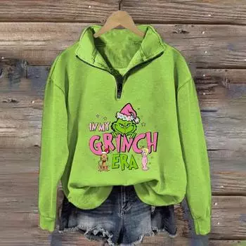 Женская повседневная модная толстовка на молнии с длинным рукавом и рождественским принтом L зелёный