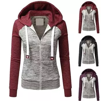 Женская повседневная модная толстовка с цветными блоками, длинными рукавами, карманом, молнией, капюшоном, затягивающимся шнурком, куртка L