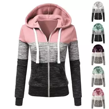 Женская повседневная модная толстовка с цветными блоками, длинными рукавами, карманом, молнией, капюшоном, затягивающимся шнурком, куртка L чёрный