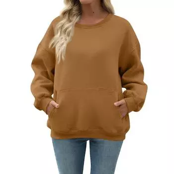 Женская повседневная модная толстовка с длинным рукавом, однотонная, с круглым вырезом, с карманом L коричневый