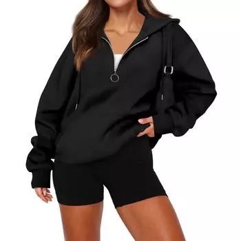 Женская повседневная модная толстовка с длинным рукавом, однотонная, на молнии, с капюшоном, с карманом L чёрный