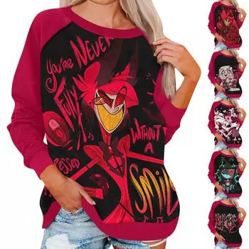 Женская повседневная модная толстовка с длинным рукавом и круглым вырезом с принтом, пуловер, верхняя блузка L чёрный