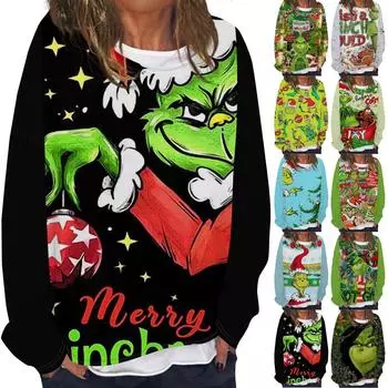 Женская повседневная модная толстовка с длинным рукавом и круглым вырезом с рождественским принтом, многослойный пуловер, топ L армия зеленый
