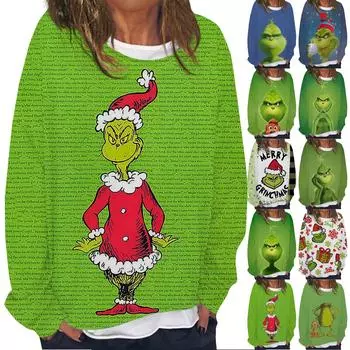 Женская повседневная модная толстовка с длинным рукавом и круглым вырезом с рождественским принтом, многослойный пуловер, топ L армия зеленый