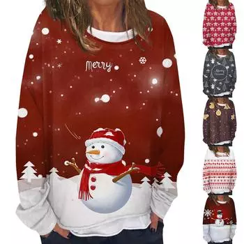 Женская повседневная модная толстовка с длинным рукавом и круглым вырезом с рождественским принтом, многослойный пуловер, топ XXXL винный