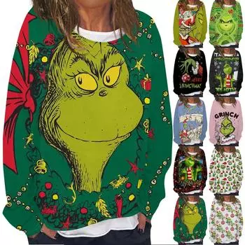 Женская повседневная модная толстовка с длинным рукавом и круглым вырезом с рождественским принтом, многослойный пуловер, топ XXL
