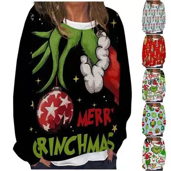 Женская повседневная модная толстовка с длинным рукавом и круглым вырезом с рождественским принтом, многослойный пуловер, топ L чёрный