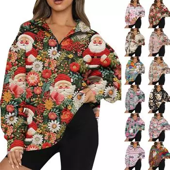 Женская повседневная модная толстовка с длинным рукавом и рождественским 3D-принтом большого размера на молнии XXXL