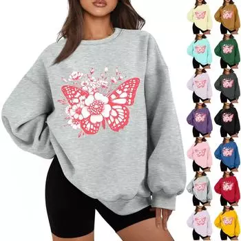 Женская повседневная модная толстовка с длинным рукавом и круглым вырезом с цветочным принтом L бежевый