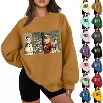 Женская повседневная модная толстовка с длинным рукавом и рождественским принтом с круглым вырезом L бежевый